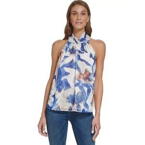 DKNY Women's Petite Floral Printed Sleeveless Halter-Neck Blouse Top Blue PXS